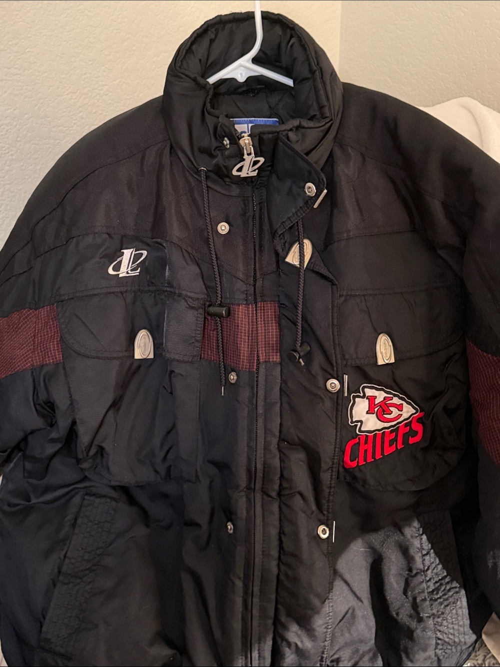 Logo Athletic Black Puffer Jacket with Red Accent Chiefs Patch